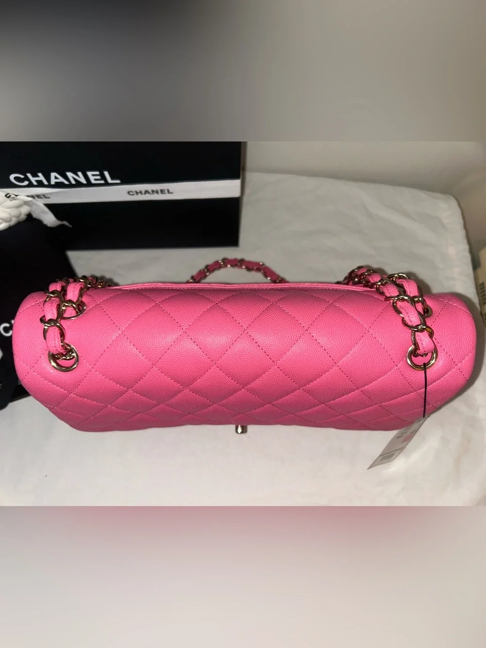 NEW! CHANEL Jumbo Double Flap Quilted Caviar Handbag Pink / Gold Hardware